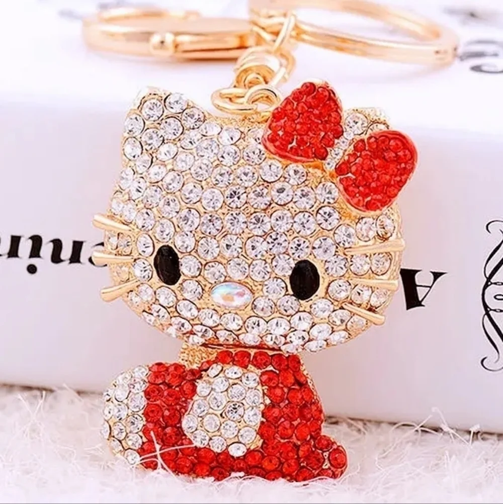 Hello Kitty Rhinestone Keychain Bright Red and Gold Tone